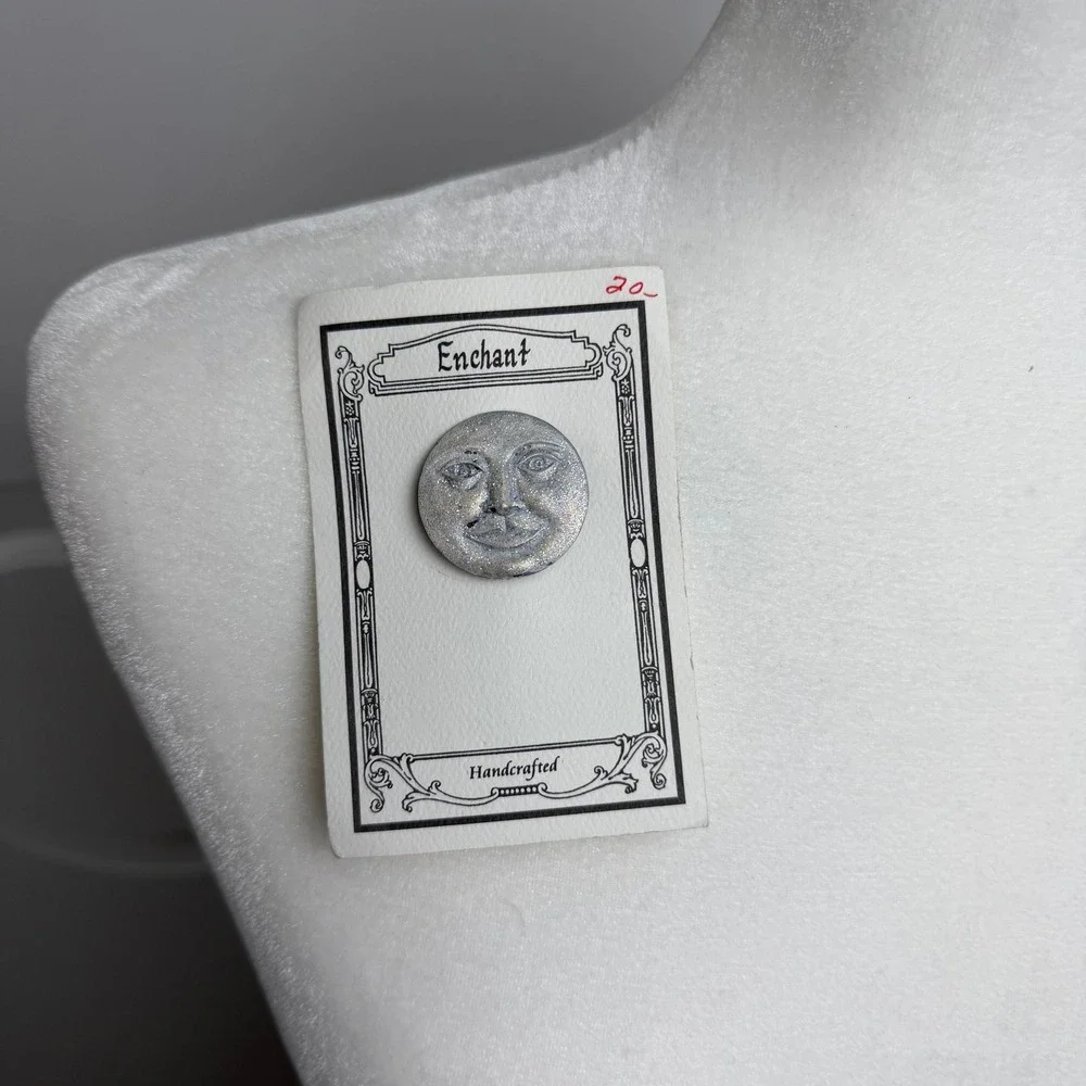 Enchant Handcrafted Glitter Moon Face Pin‎ Brooch Silver
